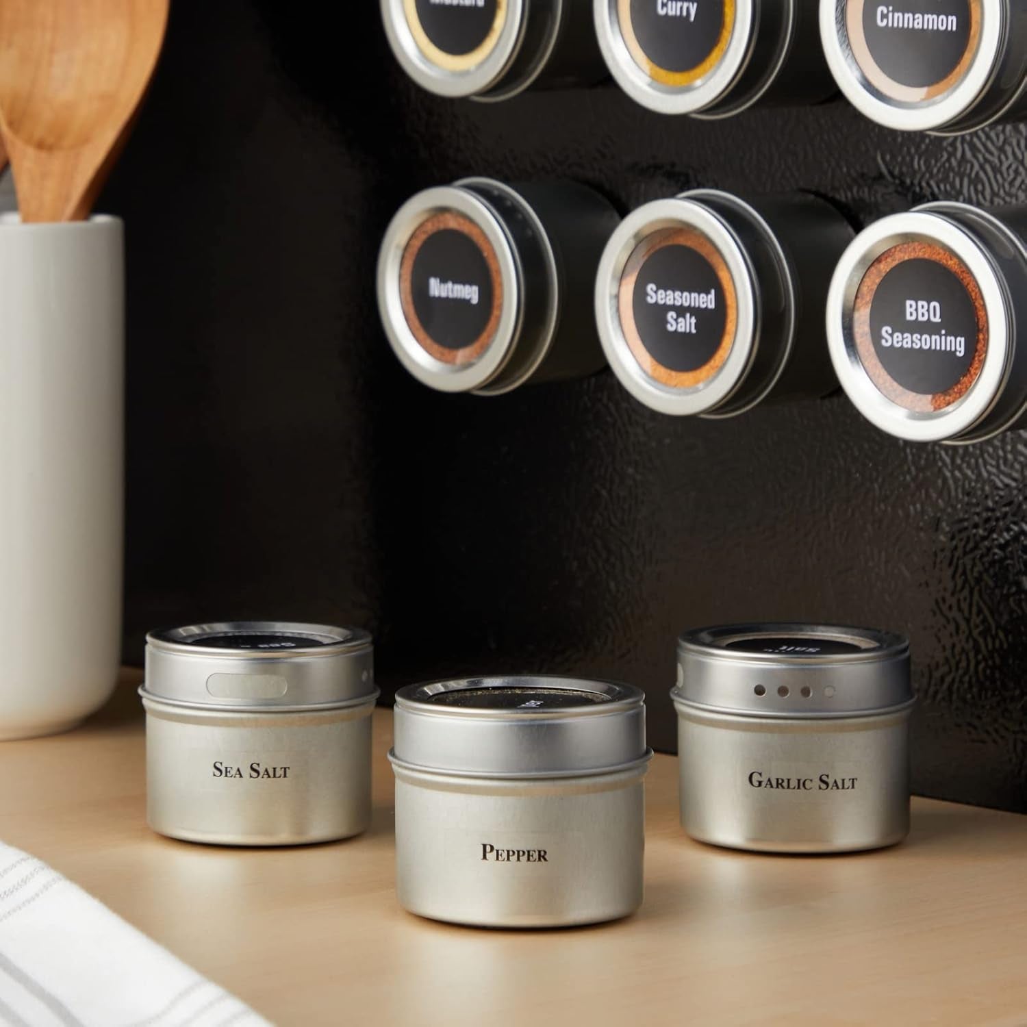 Silver Magnetic Spice Jars for Refrigerator (3 Oz) - Stainless Steel 12 Spice Containers with Sift & Pour Lids (269 Preprinted Labels and 2 Label Styles)