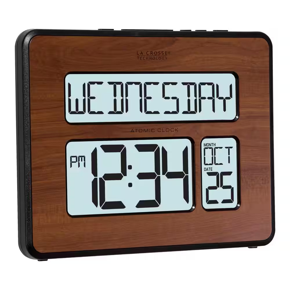 Backlight Atomic Full Calendar Digital Clock with Extra Large Digits in Walnut Finish