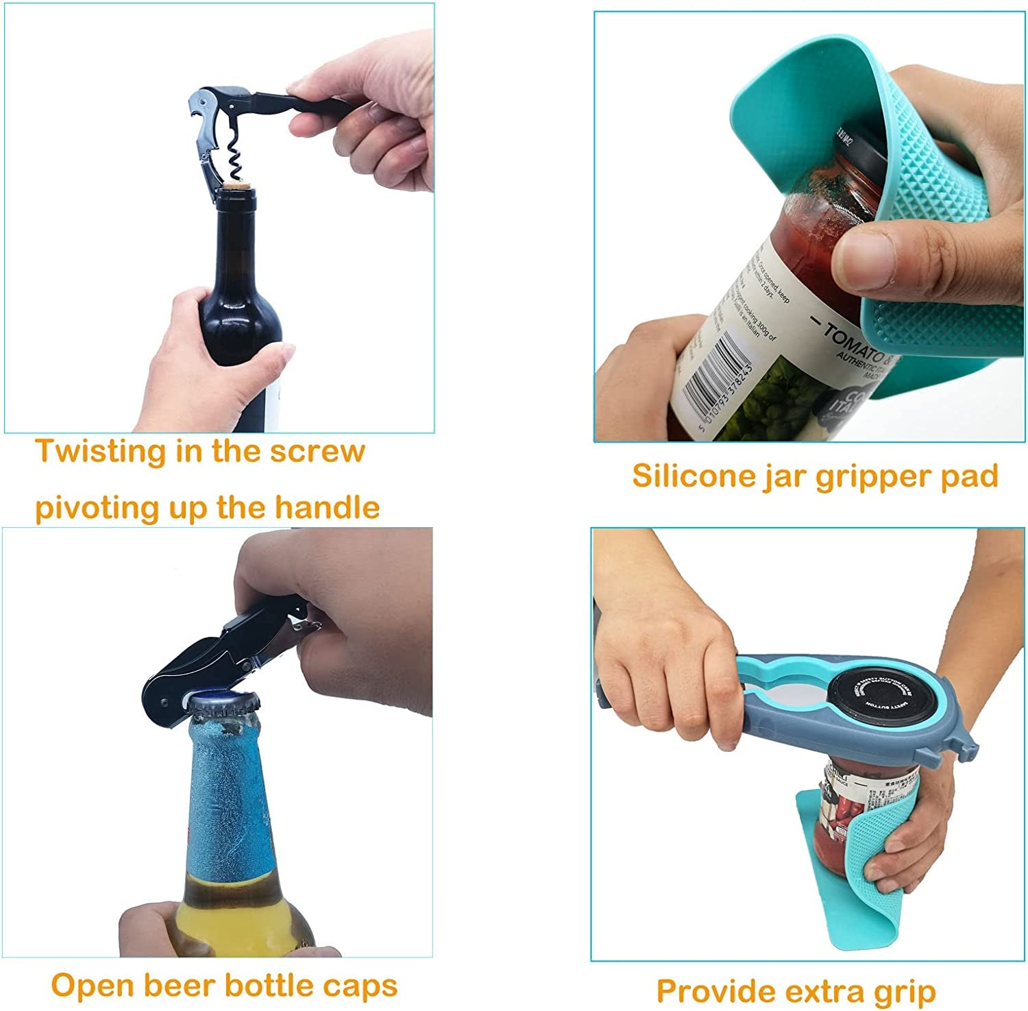 Jar Opener Bottle Opener and Can Opener for Weak Hands,Seniors with Arthritis, Elderly, Jar Lid Opener Gadgets with Rubber Jar Opener Gripper Pad and Corkscrew Opener