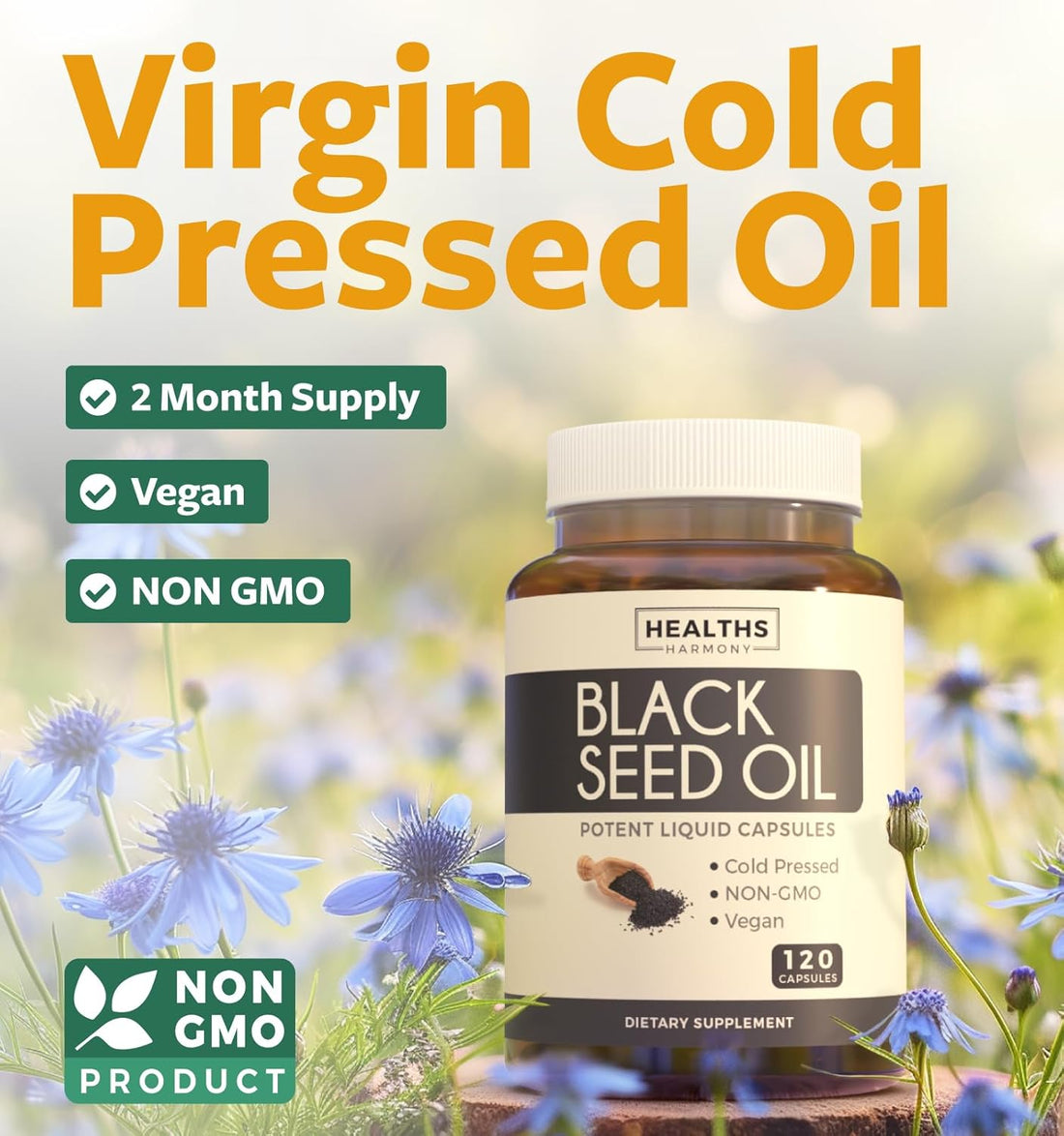 Bottle of Healths Harmony Black Seed Oil capsules on a white background