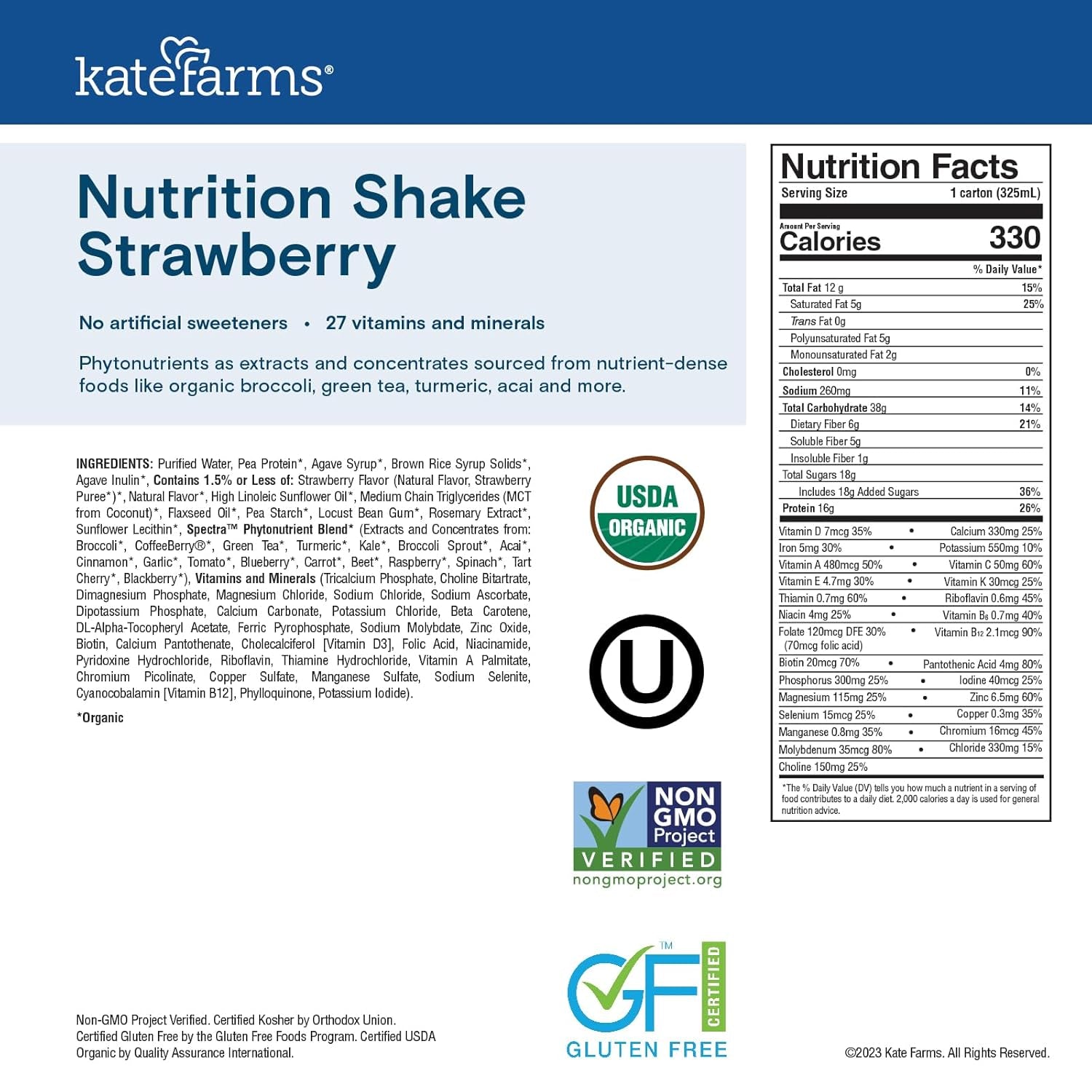Organic Nutrition Shake, Strawberry, 16G of Protein, 27 Vitamins and Minerals, Meal Replacement, Protein Shake, 11 Fl Oz (6 Pack)